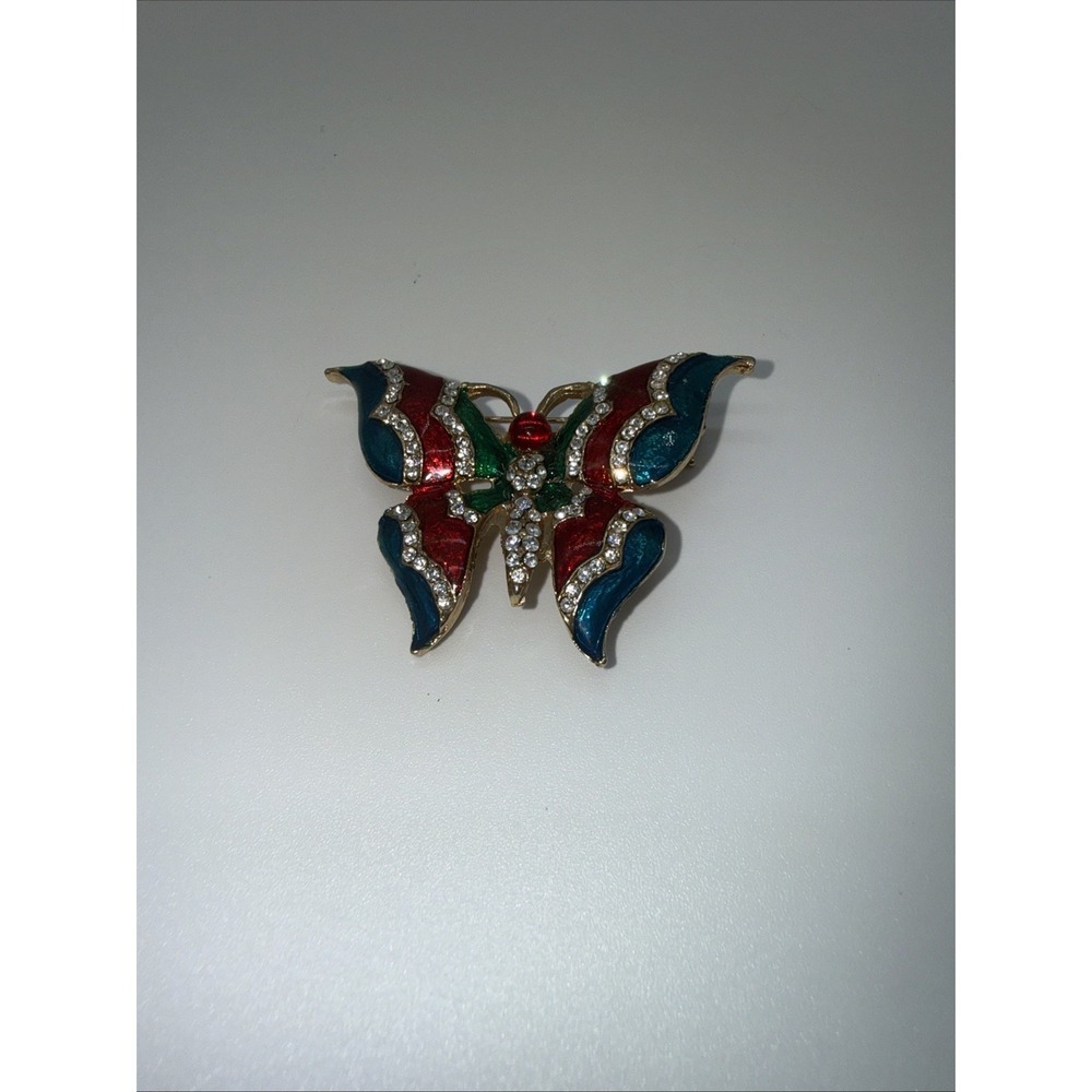 Vintage BUTTERFLY Enamel Brooch Pin Colorful Rhinestone Gold Tone